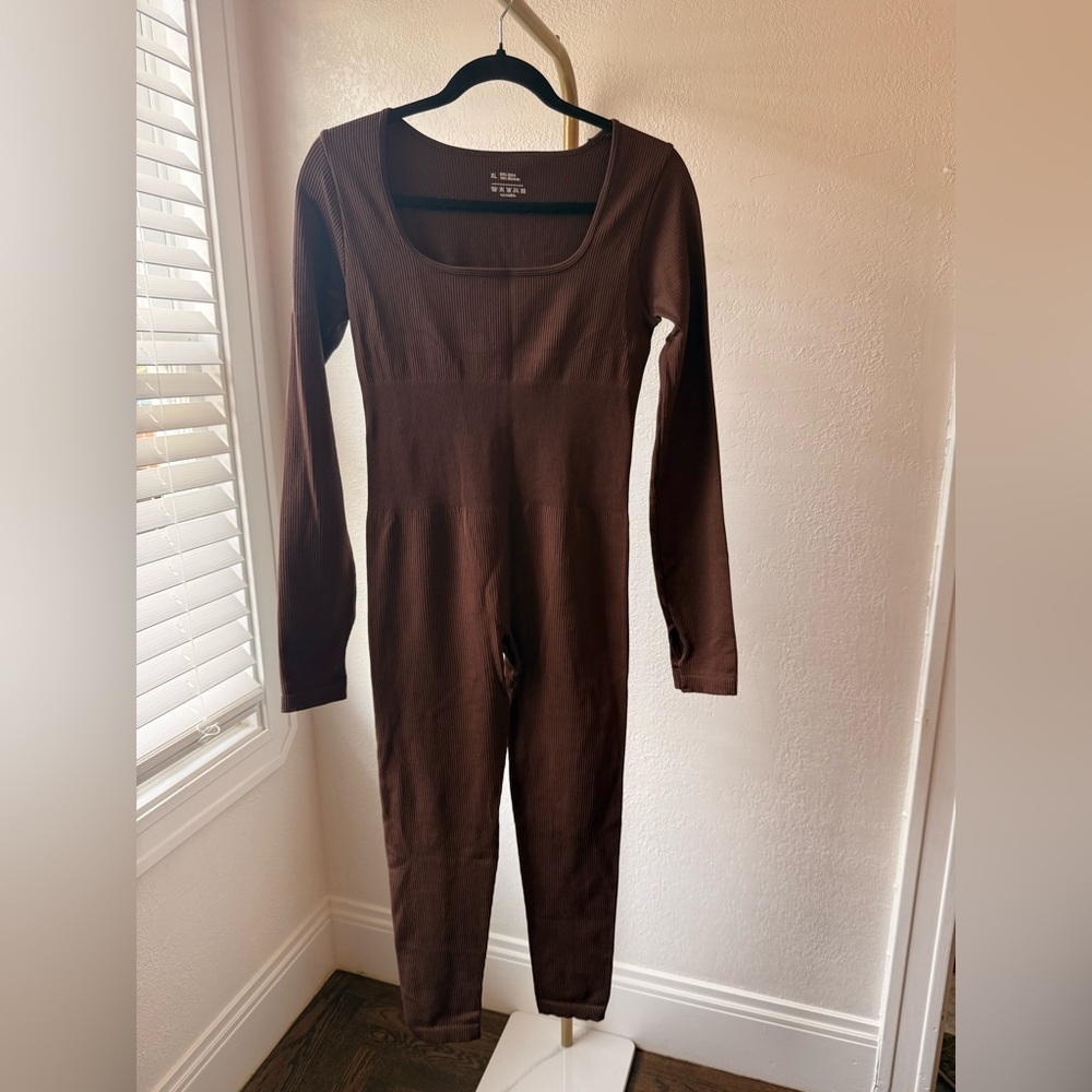 Brown Ribbed Long Sleeve Jumpsuit Bodysuit One Piece XL